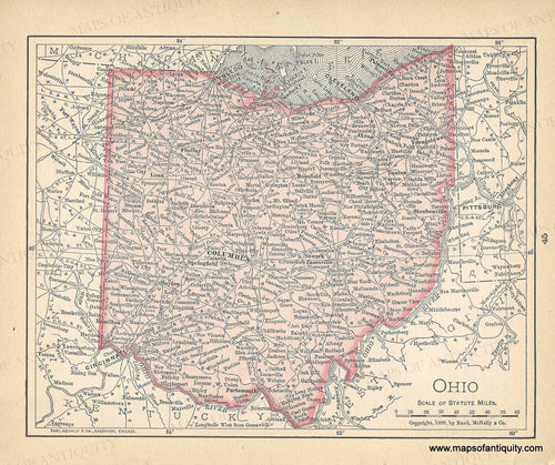 Original color in pink. Genuine-Antique-Map-Ohio-1900-Rand-McNally-Maps-Of-Antiquity