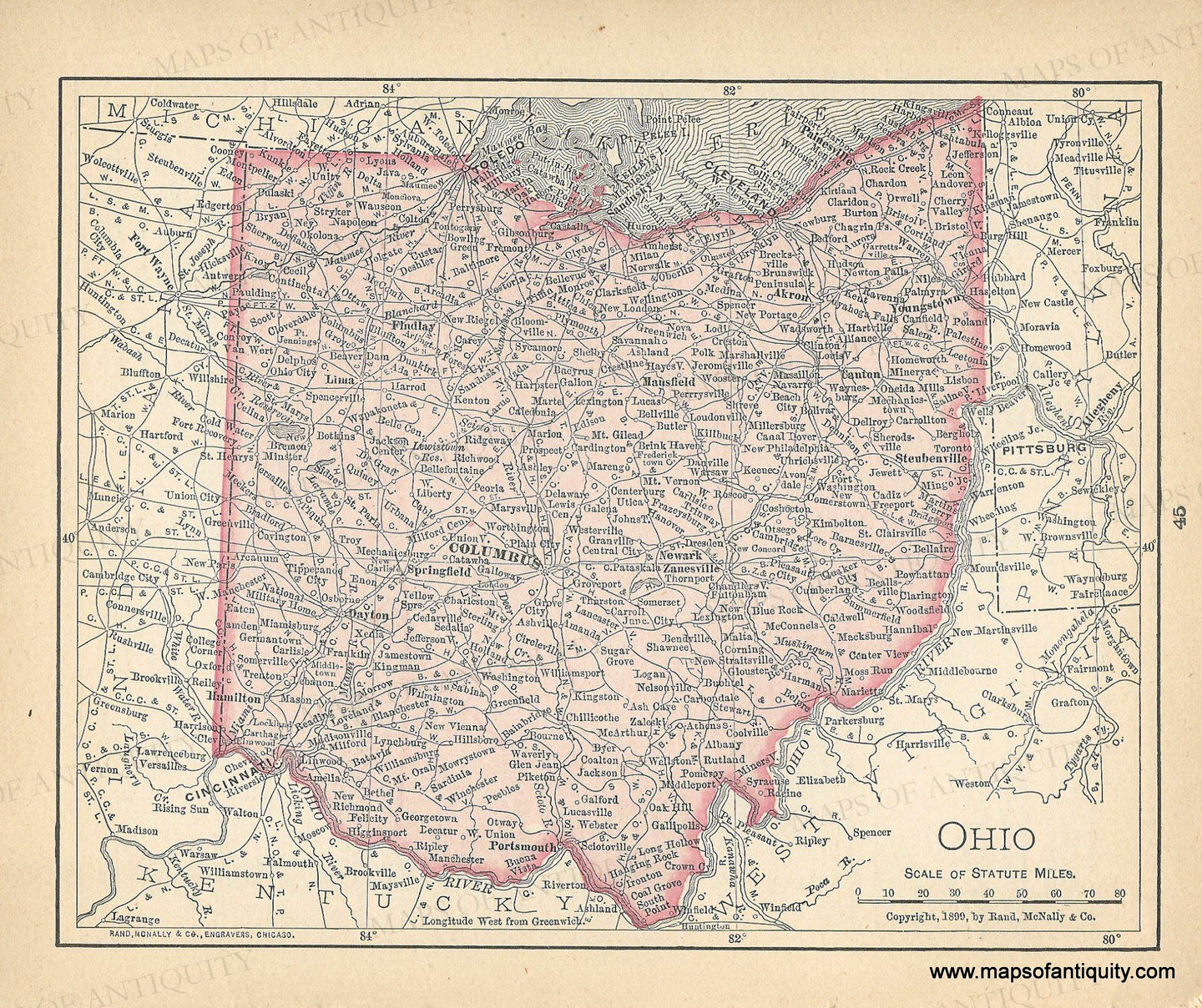 Original color in pink. Genuine-Antique-Map-Ohio-1900-Rand-McNally-Maps-Of-Antiquity