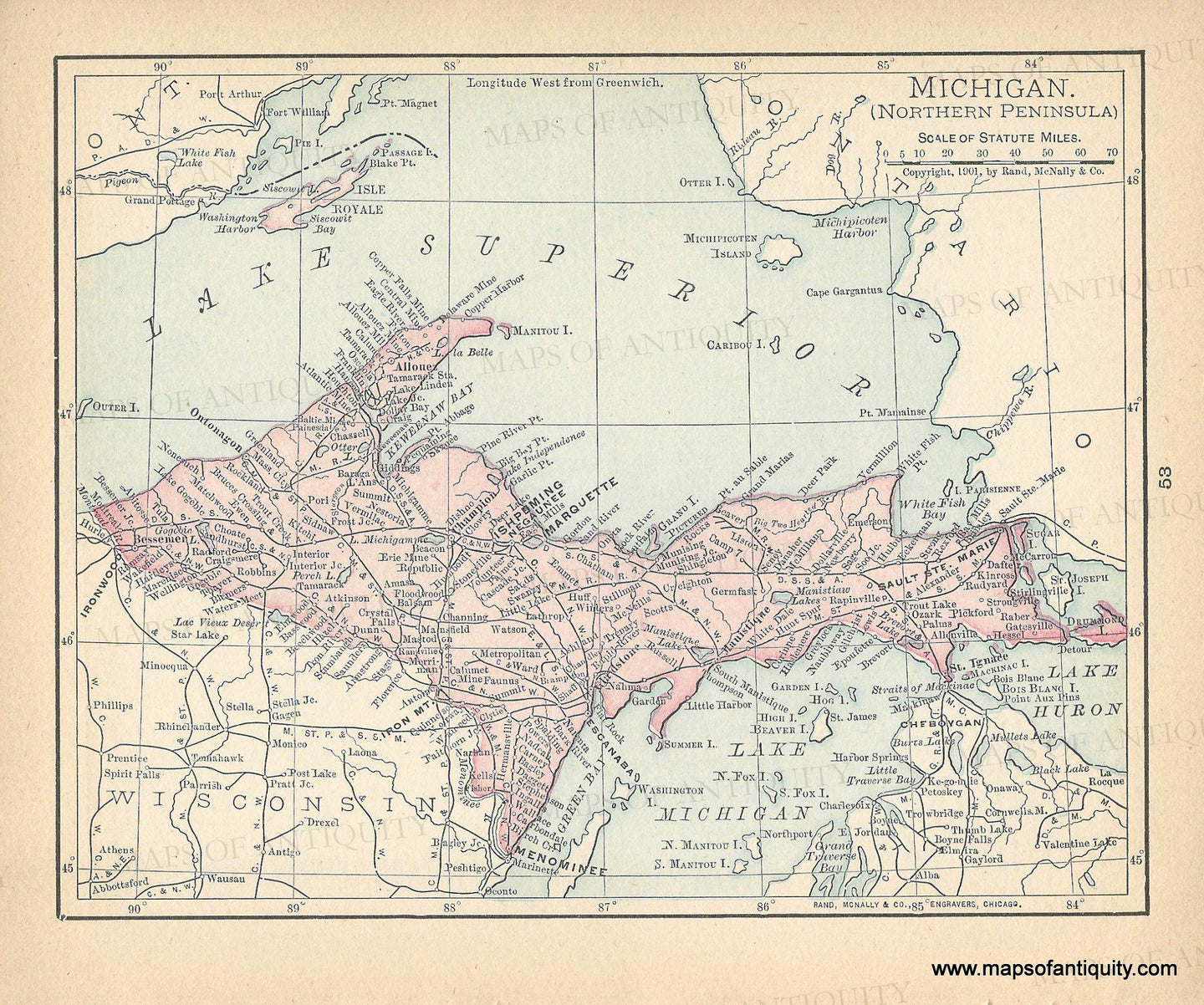 Original printed color in pink and blue. Genuine-Antique-Map-Michigan-(Northern-Peninsula)-1900-Rand-McNally-Maps-Of-Antiquity