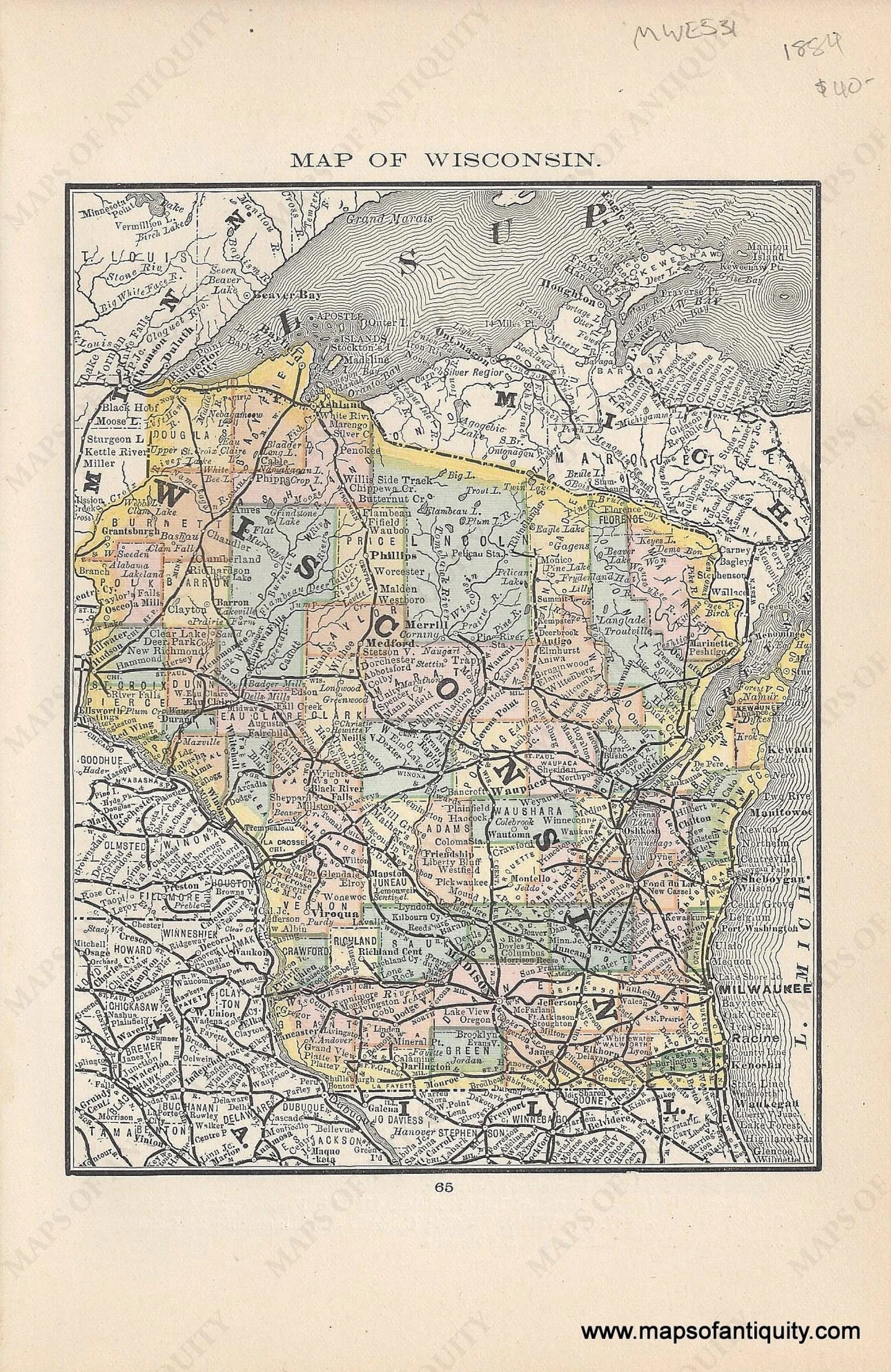 Genuine Antique Map-Map of Wisconsin-1884-Rand McNally & Co-Maps-Of-Antiquity