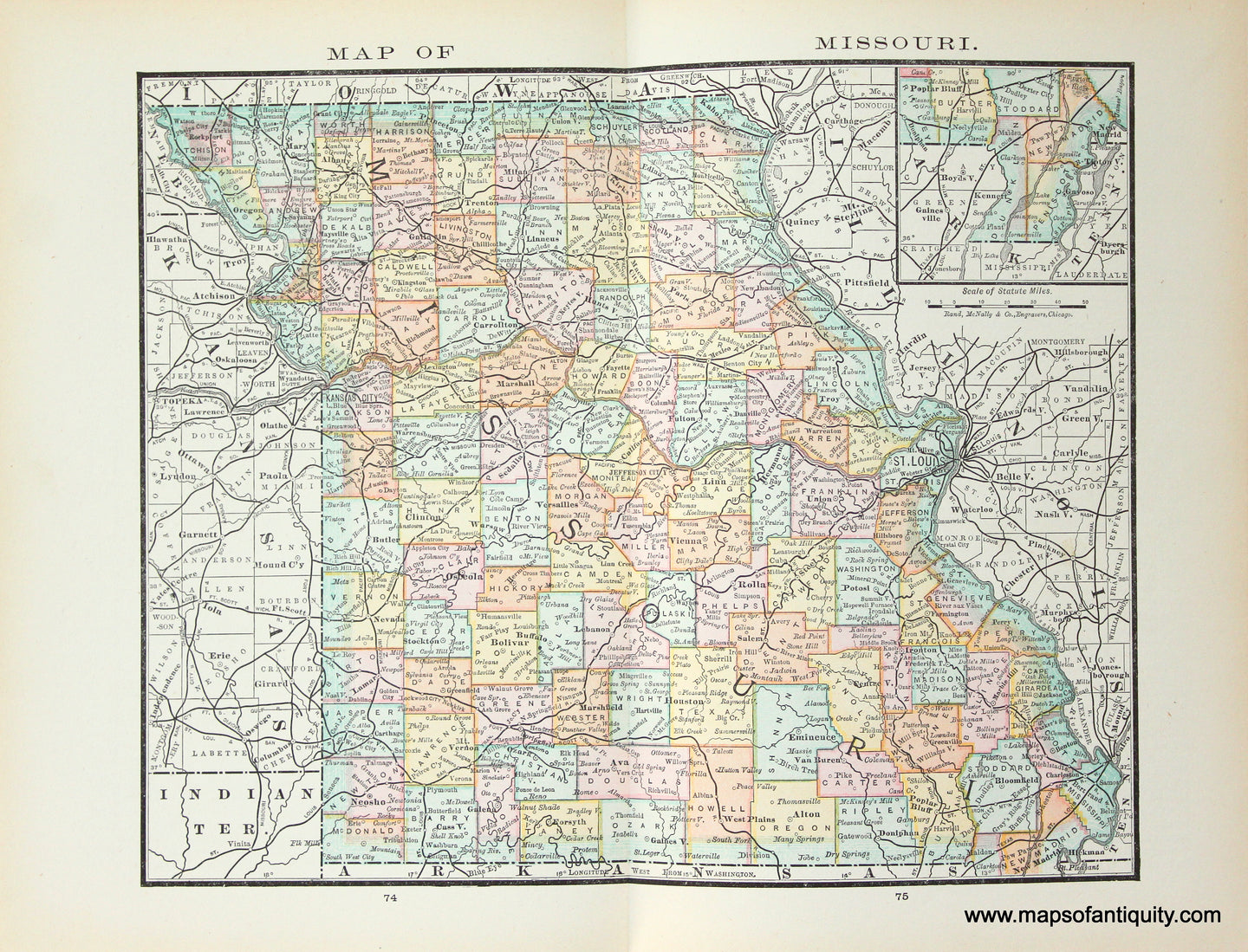 Genuine Antique Map-Map of Missouri-1884-Rand McNally & Co-Maps-Of-Antiquity