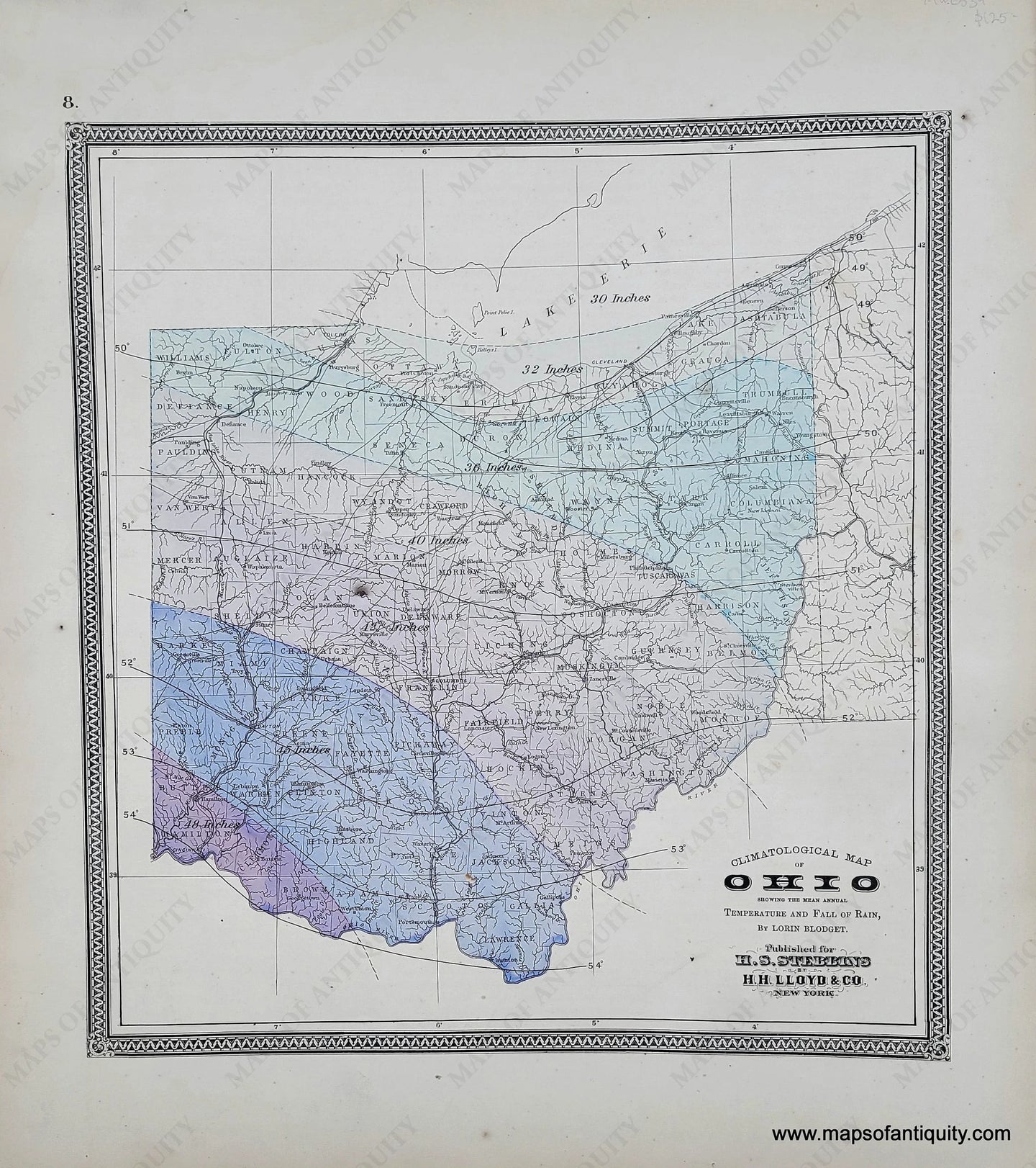 Genuine-Antique-Hand-colored-Map-Climatological-Map-of-Ohio-showing-the-mean-annual-Temperature-and-Fall-of-Rain-by-Lorin-Blodget-1868-Stebbins-Lloyd-Maps-Of-Antiquity