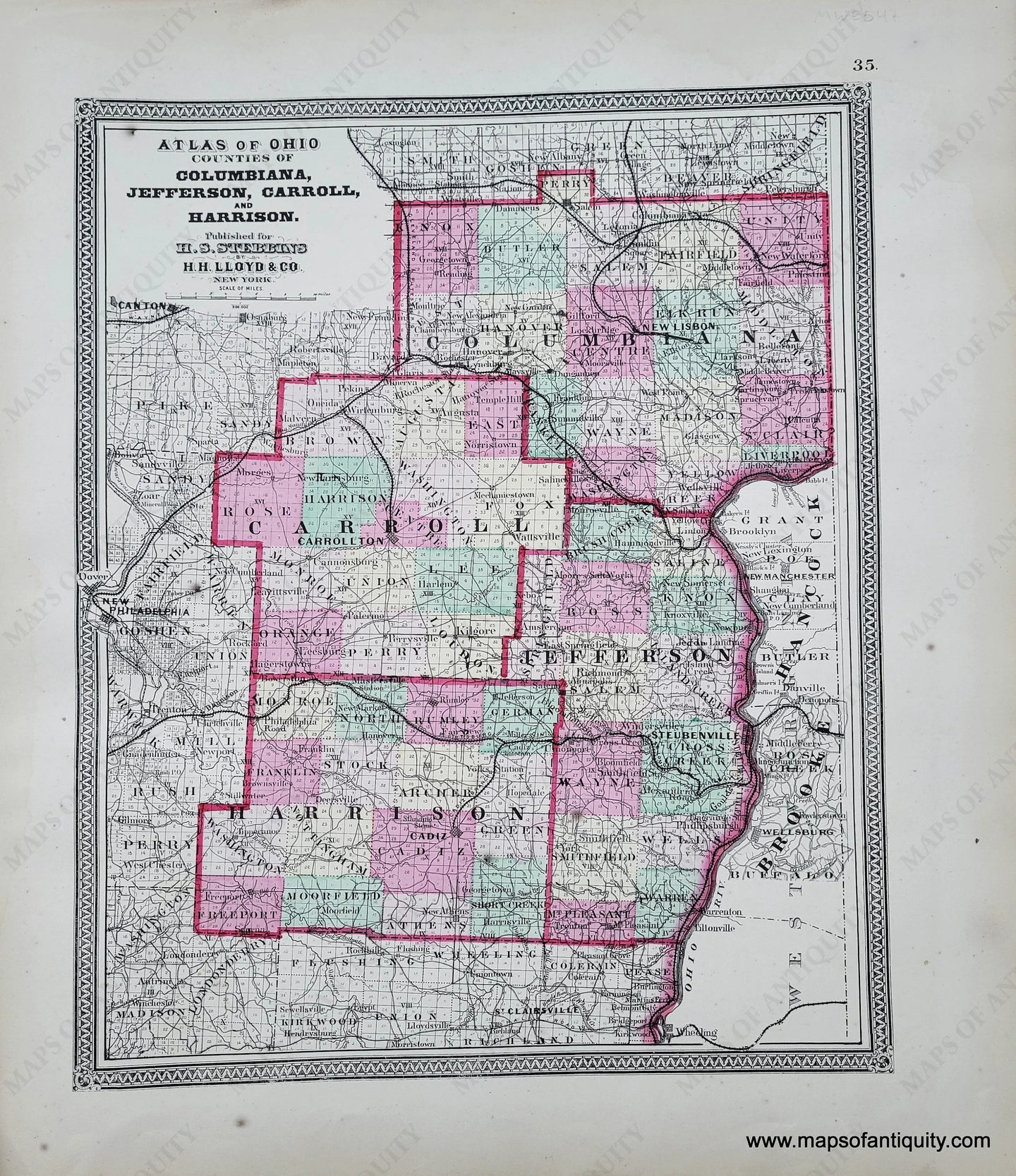 Genuine-Antique-Hand-colored-Map-Atlas-of-Ohio-Counties-of-Columbiana-Jefferson-Carroll-and-Harrison--1868-Stebbins-Lloyd-Maps-Of-Antiquity