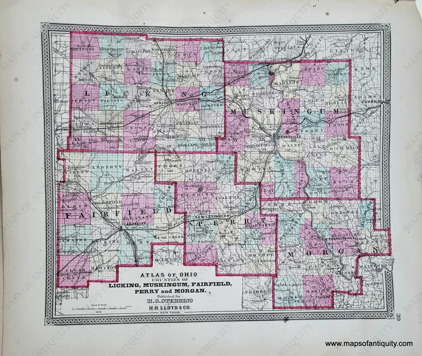 Genuine-Antique-Hand-colored-Map-Atlas-of-Ohio-Counties-of-Licking-Muskingum-Fairfield-Perry-and-Morgan--1868-Stebbins-Lloyd-Maps-Of-Antiquity