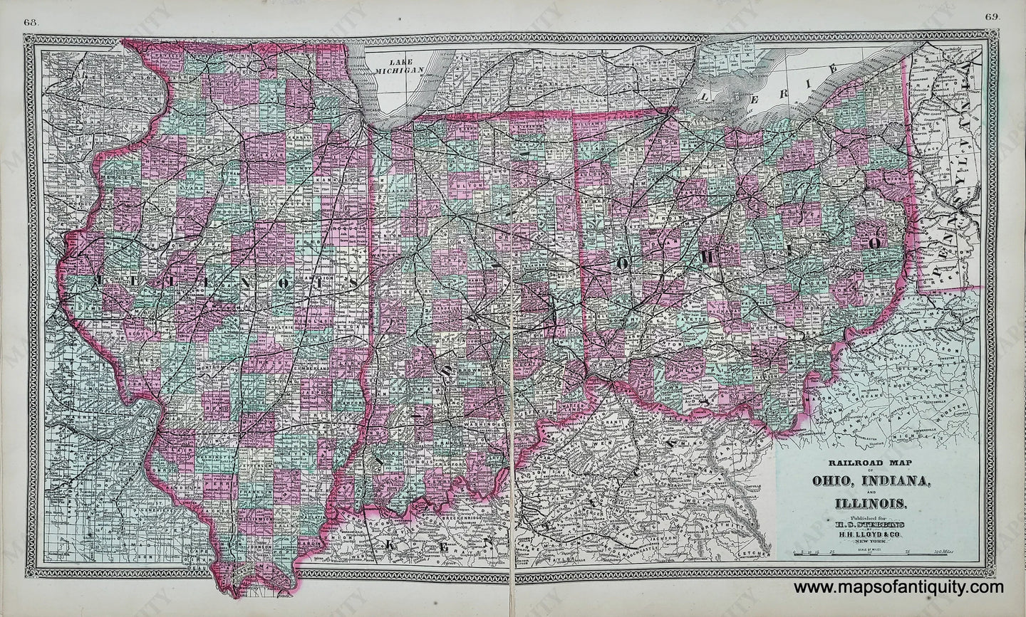 Genuine-Antique-Hand-colored-Map-Railroad-Map-of-Ohio-Indiana-and-Illinois-1868-Stebbins-Lloyd-Maps-Of-Antiquity