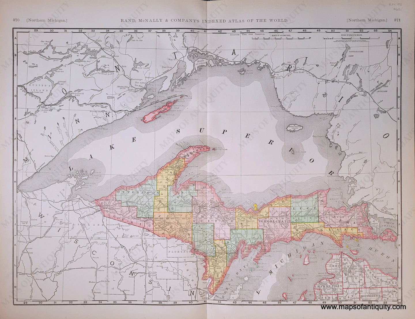 Genuine-Antique-Map-Northern-Michigan-Michigan--1898-Rand-McNally-Maps-Of-Antiquity-1800s-19th-century