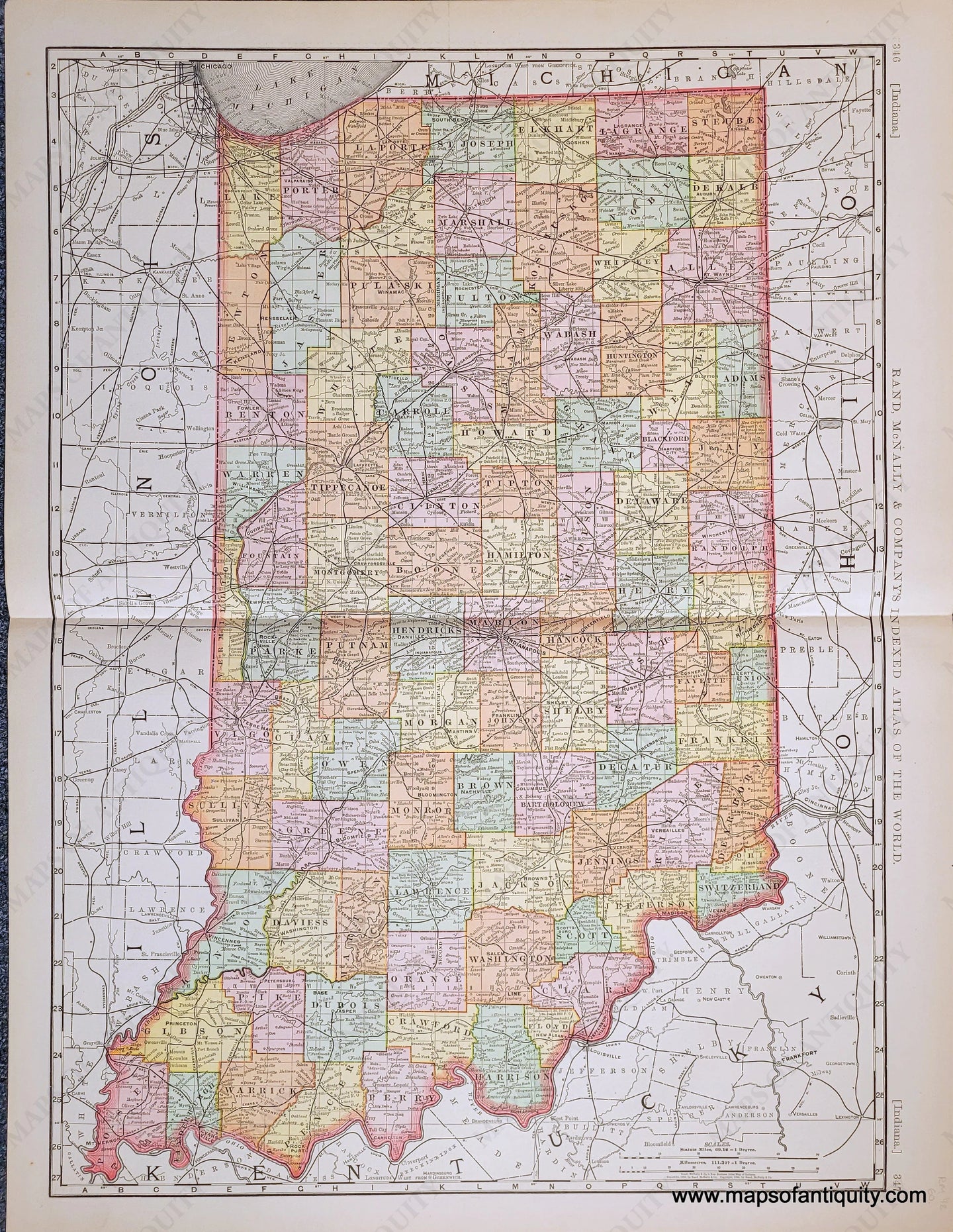 Genuine-Antique-Map-Indiana-Indiana--1898-Rand-McNally-Maps-Of-Antiquity-1800s-19th-century