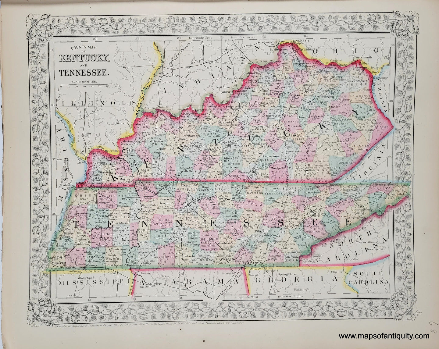 ANtique map hand-colored in tones of pink, green, yellow, blue, orange.