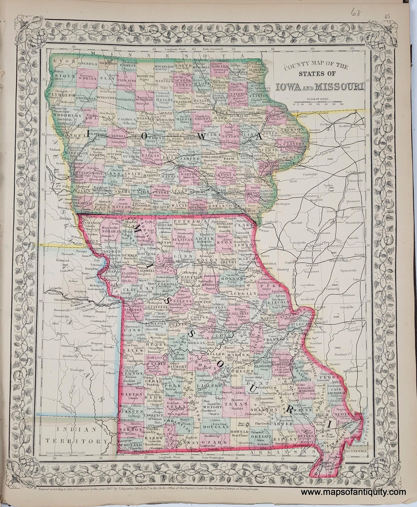 1868 - County Map of the States of Iowa and Missouri - Antique Map