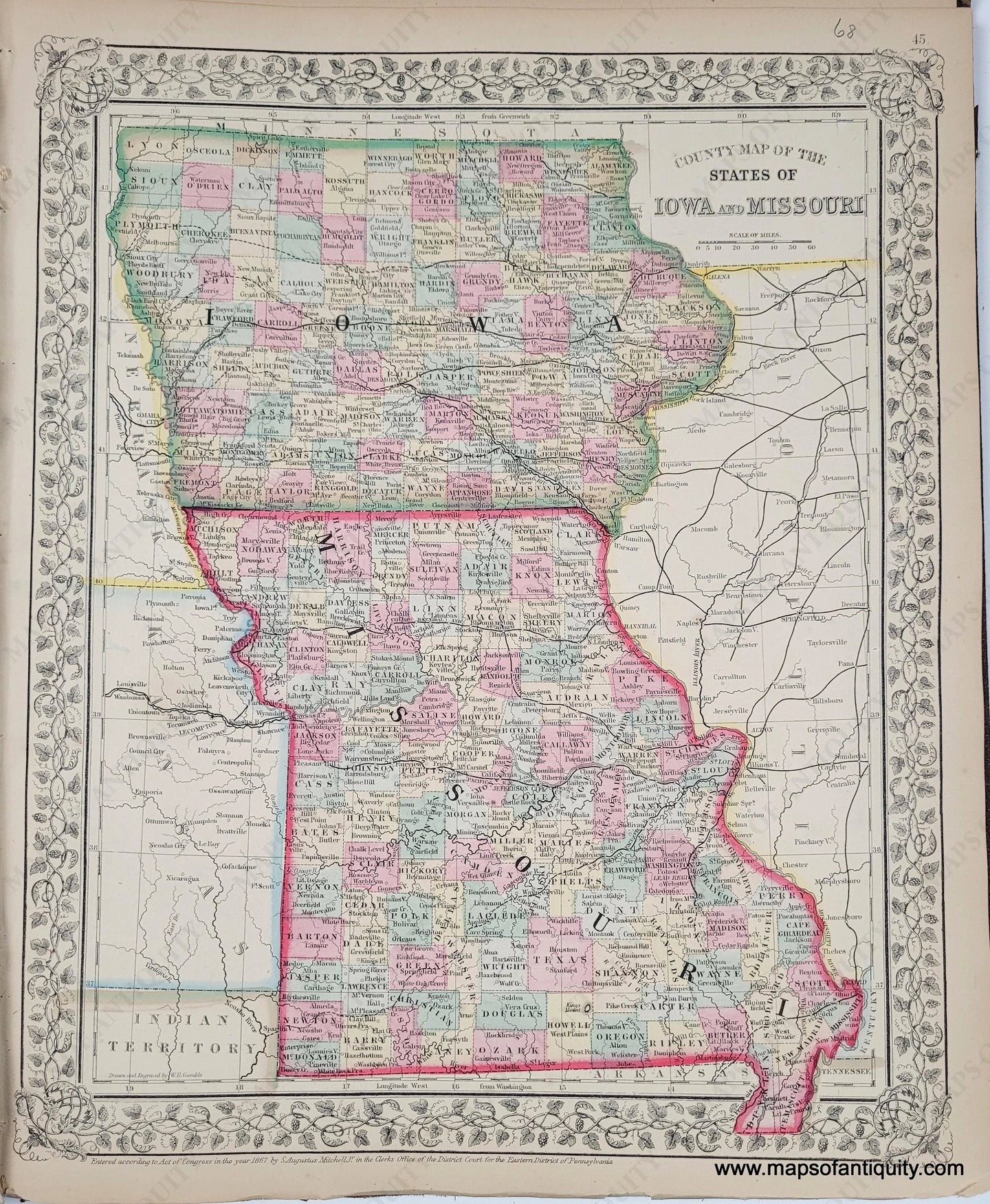 1868 - County Map Of The States Iowa And Missouri Antique Genuine Hand-Colored