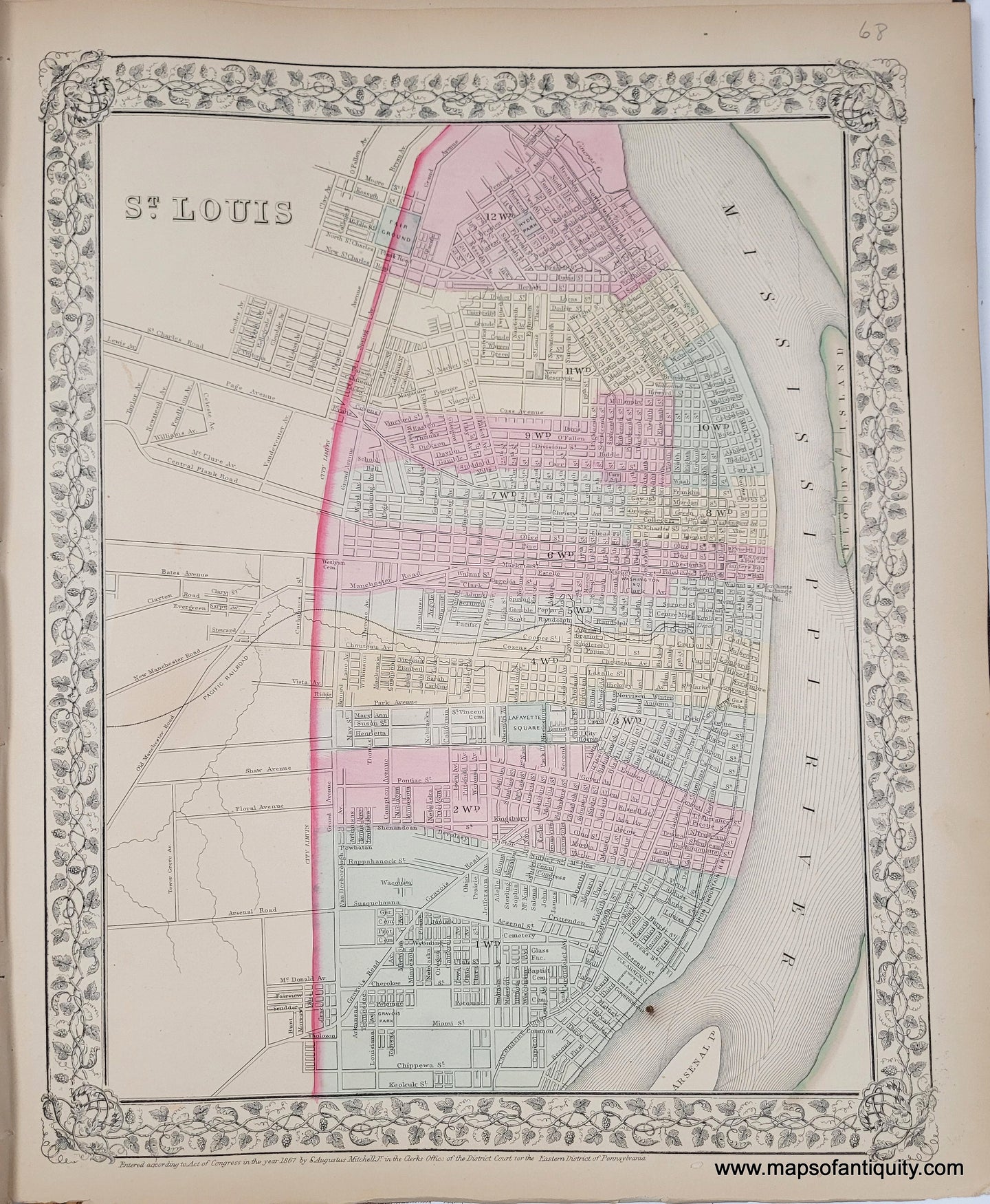 1868 - St. Louis - Antique Map