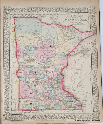 1868 - County Map Of Minnesota Antique Genuine Hand-Colored