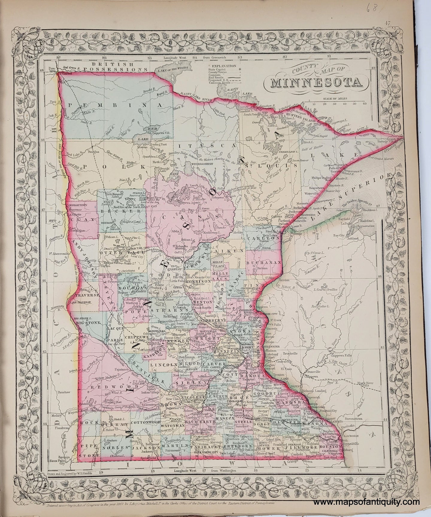 1868 - County Map of Minnesota - Antique Map