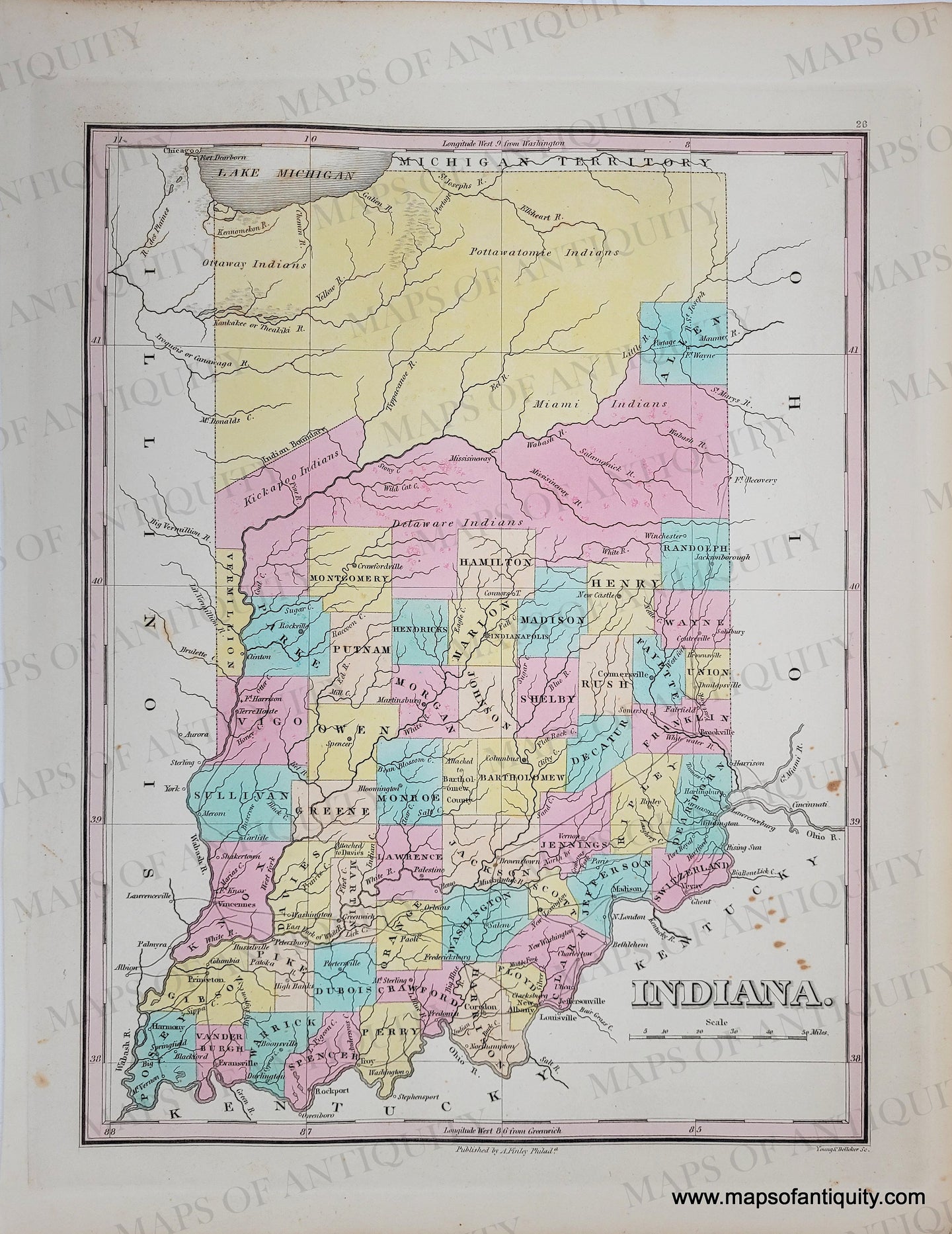 Antique-Hand-Colored-Map-Indiana.-**********-United-States-Midwest-1829-Anthony-Finley-Maps-Of-Antiquity