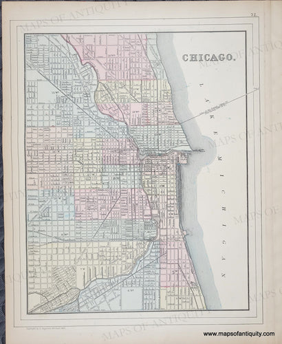 Antique map of Chicago Antique map with original color in tones of pink, green, yellow, and orange. Antique-Hand-Colored-Map-Chicago-County-and-Township-Map-of-the-State-of-Illinois-verso-Plan-of-Cincinnati-and-Vicinity--United-States-Illinois-1885-Mitchell-Maps-Of-Antiquity