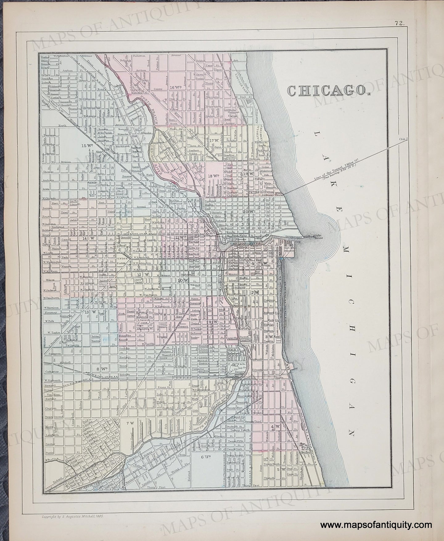Antique map of Chicago Antique map with original color in tones of pink, green, yellow, and orange. Antique-Hand-Colored-Map-Chicago-County-and-Township-Map-of-the-State-of-Illinois-verso-Plan-of-Cincinnati-and-Vicinity--United-States-Illinois-1885-Mitchell-Maps-Of-Antiquity