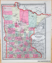 Load image into Gallery viewer, Antique map of Minnesota with colorful state outline and county divisions. Original antique color. Pink, Yellow, green, orange.
