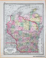 Load image into Gallery viewer, Antique map of Wisconsin with colorful state outline and county divisions. Original antique color.  Pink, Yellow, green, orange.
