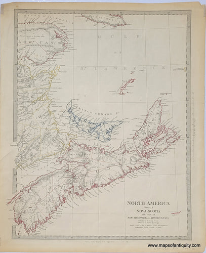 Genuine antique map from 1844 showing Nova Scotia outlined in red, Prince Edward Island outlined in blue, and part of New Brunswick outlined in yellow, with towns and roads