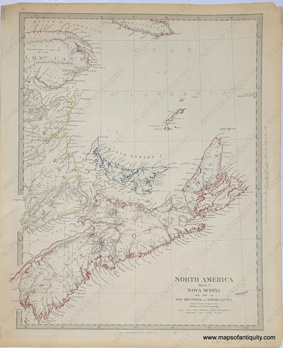 Genuine antique map from 1844 showing Nova Scotia outlined in red, Prince Edward Island outlined in blue, and part of New Brunswick outlined in yellow, with towns and roads