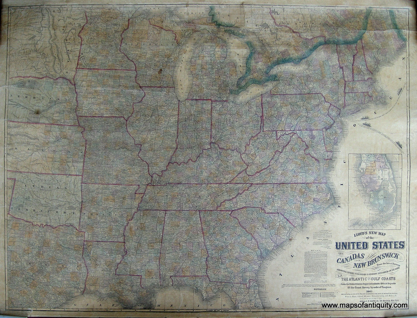 Antique-Wall-Map-Lloyd's-New-Map-of-the-United-States-The-Canadas-and-New-Brunswick-North-America--1863-Lloyd-Maps-Of-Antiquity