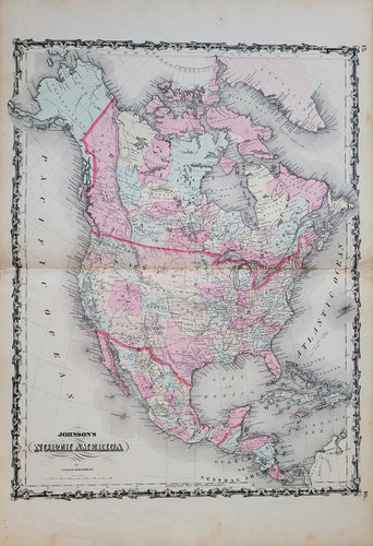Antique-Map-North-America-Central-America-Johnson-1861 hand-colored in pale antique colors with brighter lines delineating country borders. Colored by state