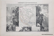 Page with a map at center, surrounded by exquisitely detailed illustrations of mountains, waterfalls, plants, animals, and people. Mostly black and white, but with color in the map to indicate borders, including the Republic of Texas. Antique-Hand-Colored-Map-Amerique-Septentrionale-North-America--1851-Levasseur-Maps-Of-Antiquity