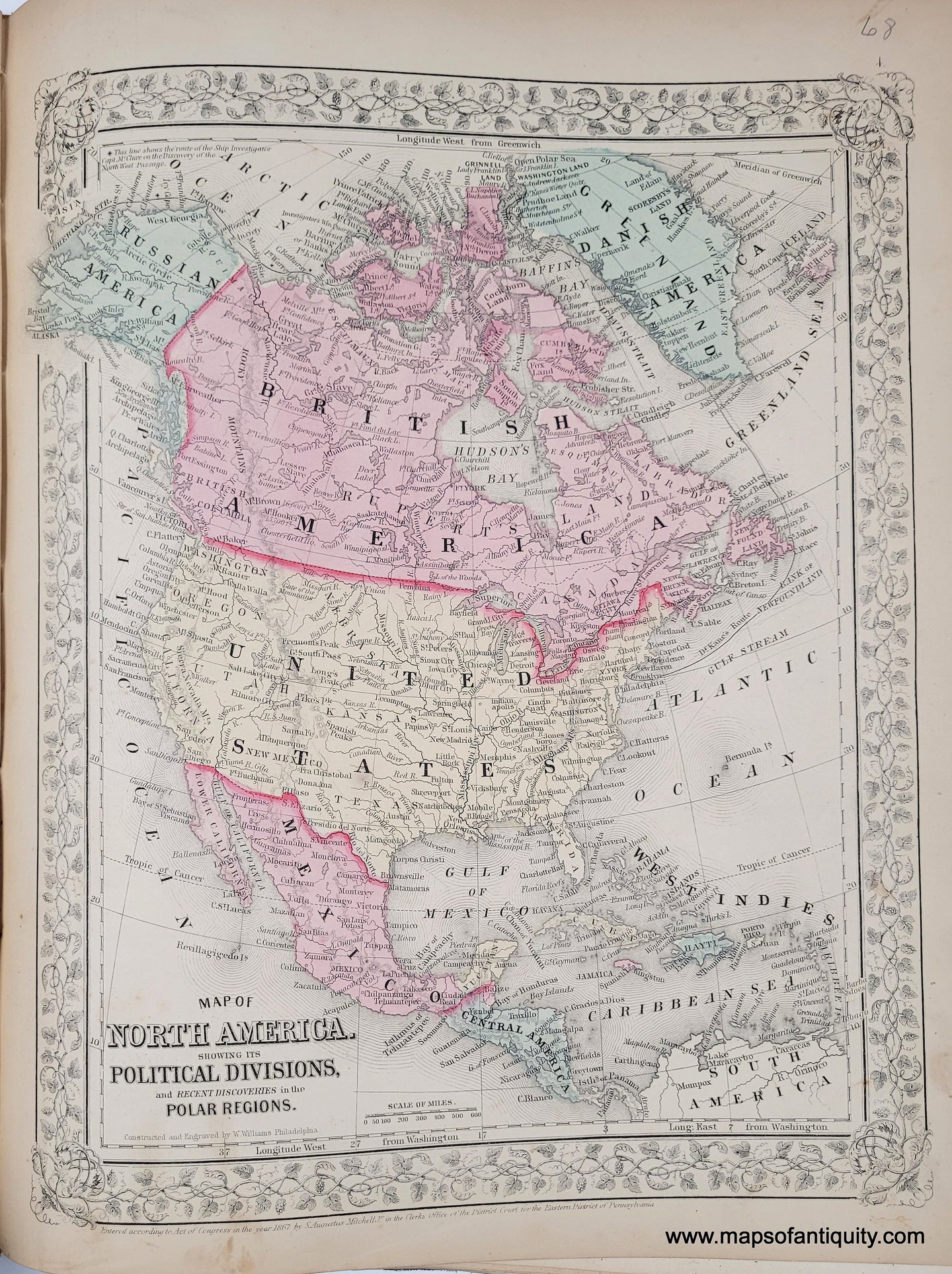 1868 - Map of North America. Showing its Political Divisions, and Recent Discoveries through the Polar Regions. - Antique Map