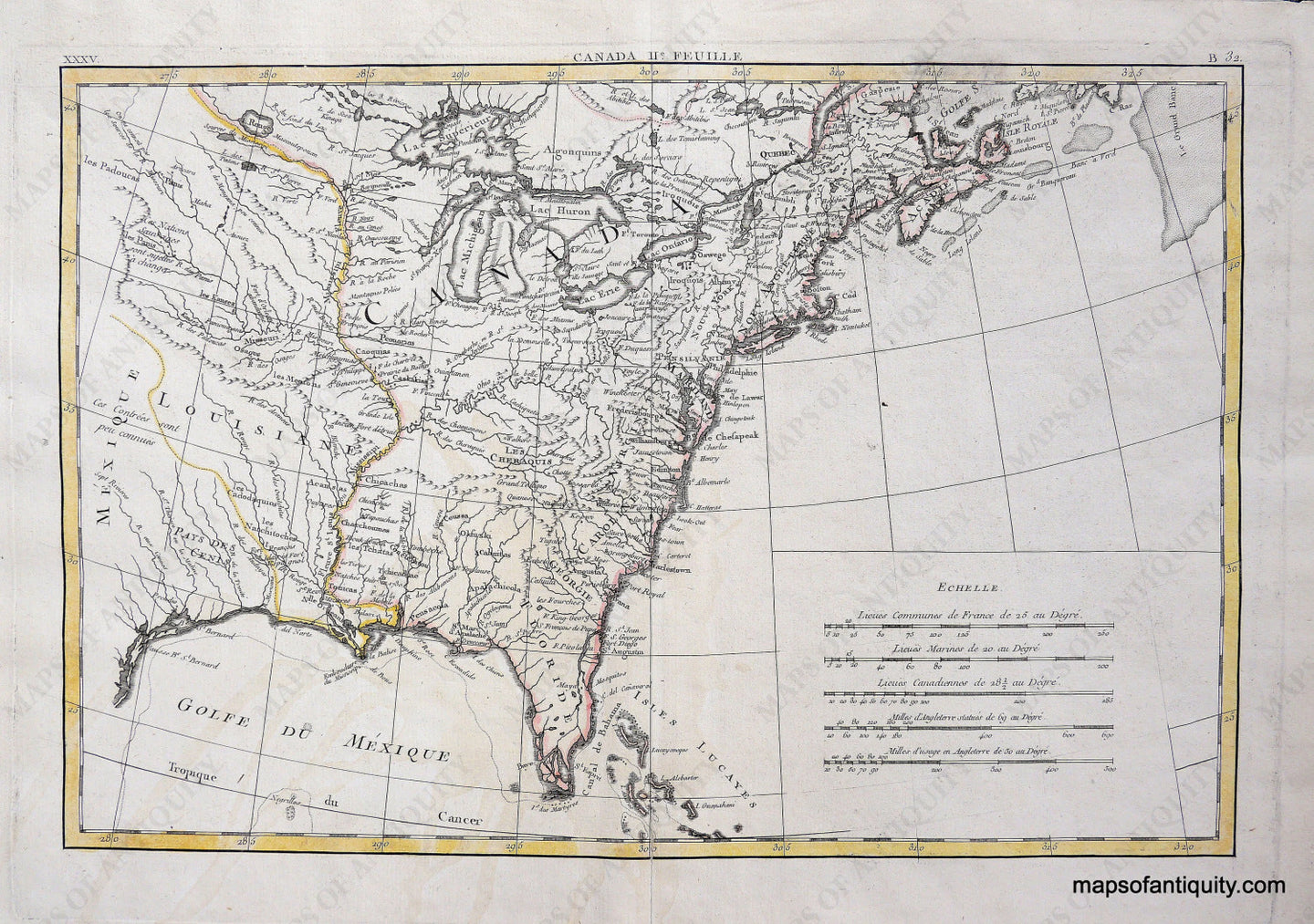 Antique-Hand-Colored-Map-Canada-Sheet-**********-North-America-North-America-General-1785-Bonne-Maps-Of-Antiquity