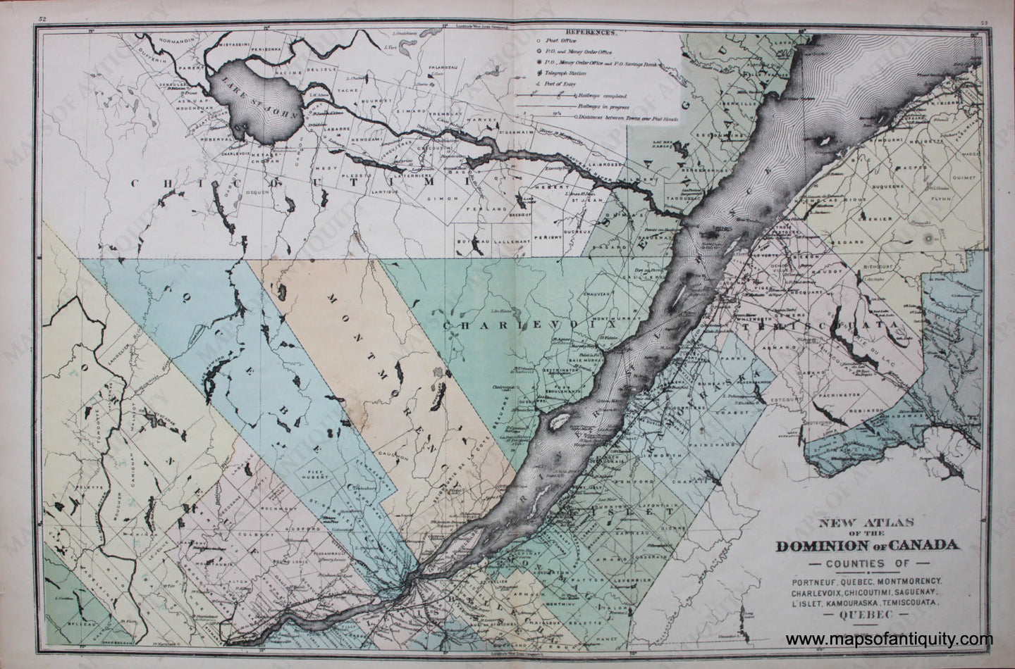 Antique-Printed-Color-Map-New-Atlas-of-The-Dominion-of-Canada-Counties-of-Quebec-North-America-Canada-1881-Belden-Maps-Of-Antiquity