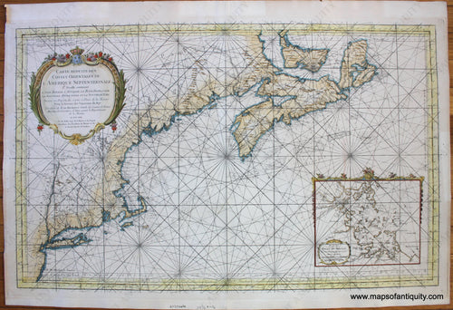 Antique-Hand-Colored-Map-Carte-Reduite-des-Costes-Orientales-de-l'Amerique-Septentrionale-North-America--1757-Bellin-Maps-Of-Antiquity-1700s-18th-century