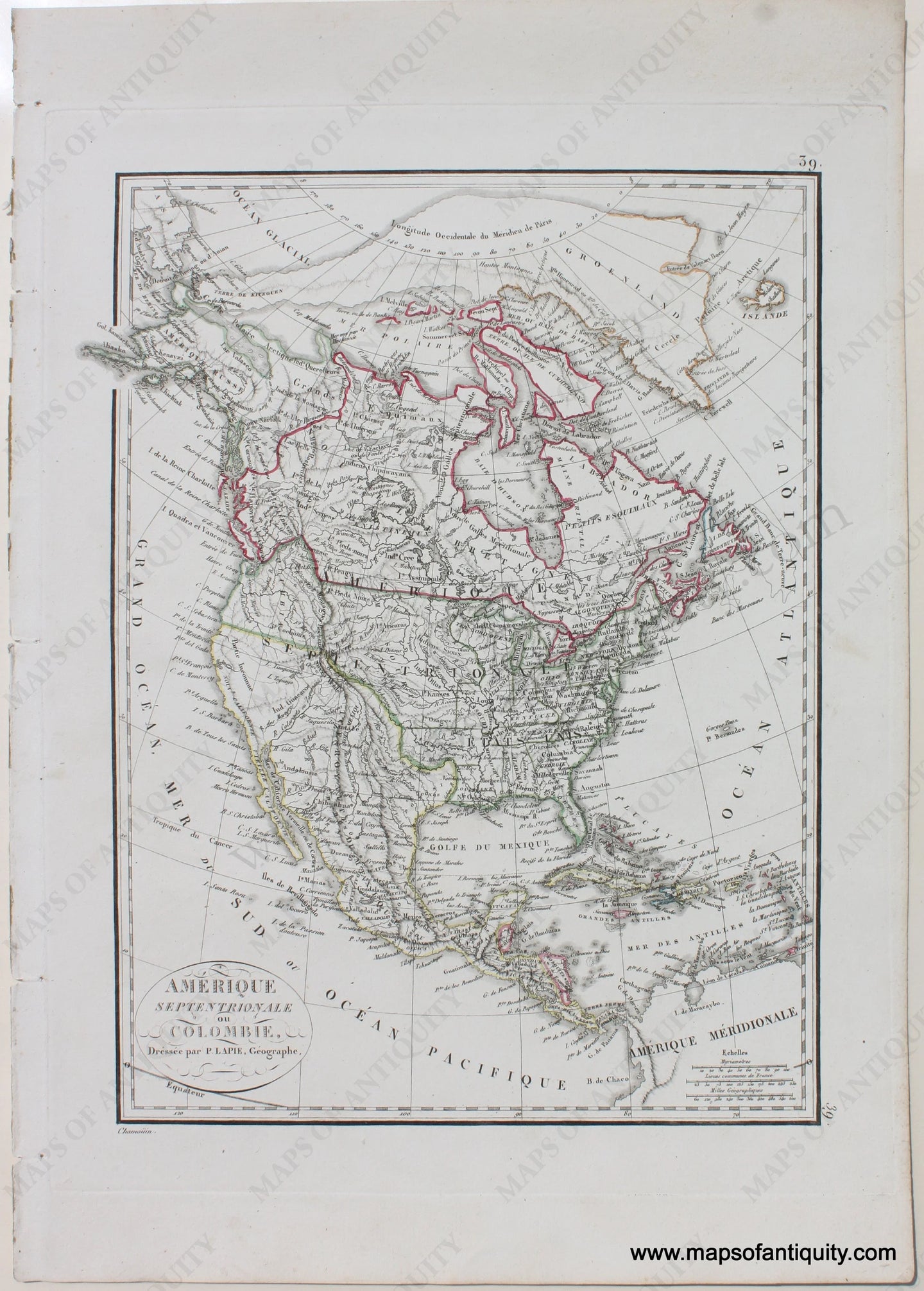 Antique-Hand-Colored-Map-Amerique-Septentrionale-ou-Colombie-North-America--1824-Lapie-Maps-Of-Antiquity-1800s-19th-century