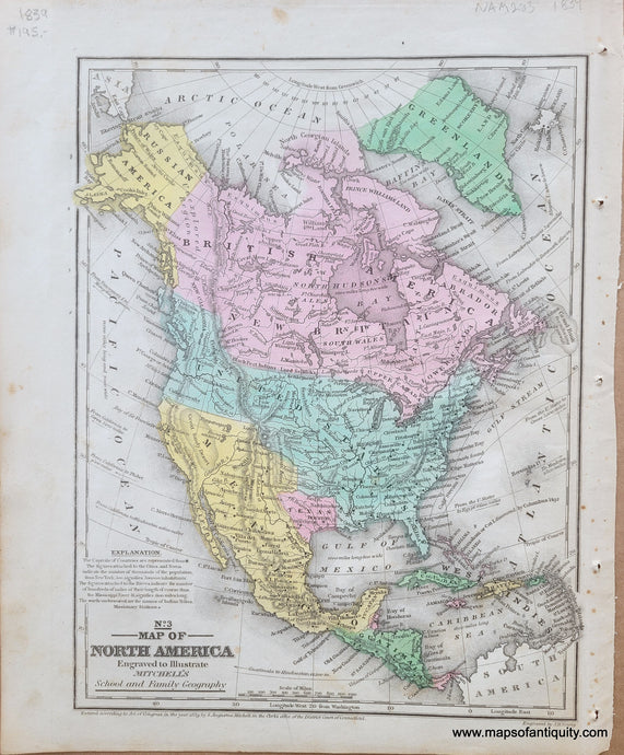 Vibrant colored map of North America in 1839 when Texas was a republic. Hand-colored, original coloring of yellow, pink, green, and blue.