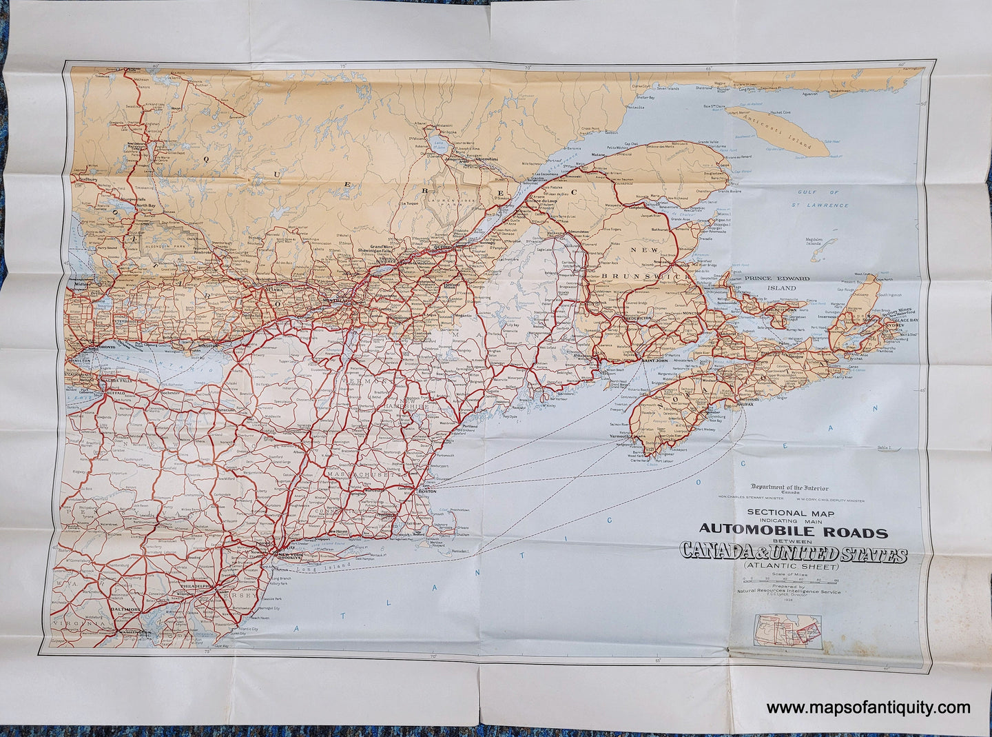 Genuine-Antique-Map-Sectional-Map-indicating-Main-Automobile-Roads-between-Canada-United-States-Atlantic-Sheet--1928-Department-of-the-Interior-Canada-Maps-Of-Antiquity