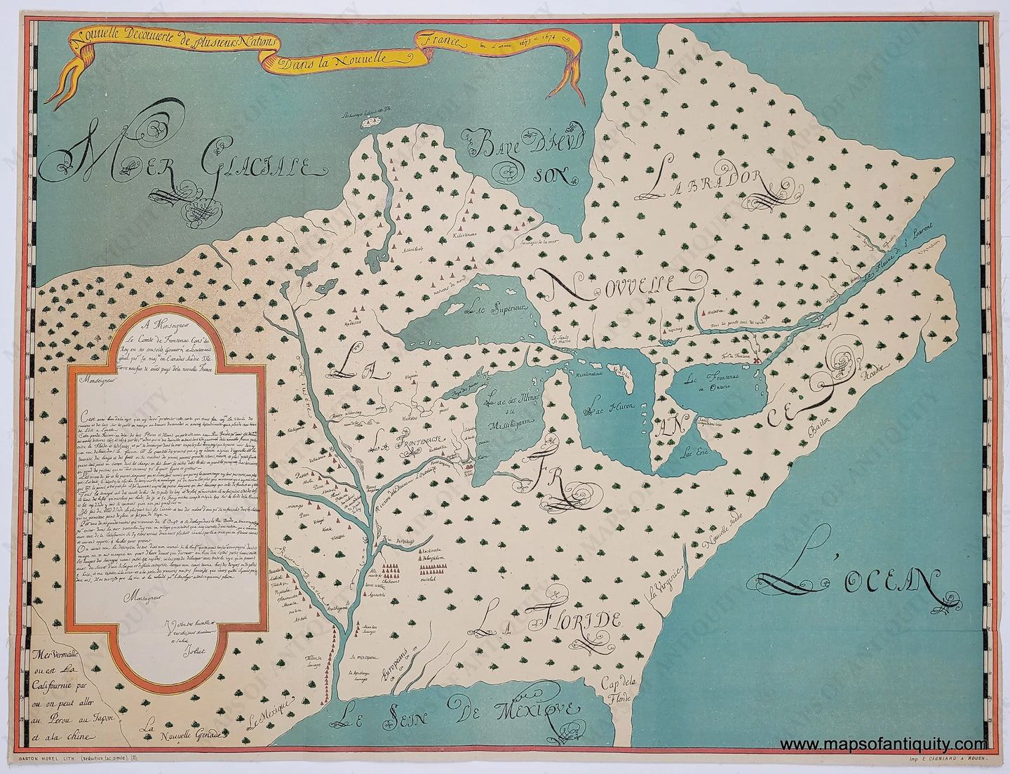 Genuine-Antique-Map-Nouvelle-decouverte-de-plusieurs-nations-dans-la-Nouvelle-France-en-l-annee-1673-et-1674-c-1915-Gaston-Morel-lith--Maps-Of-Antiquity