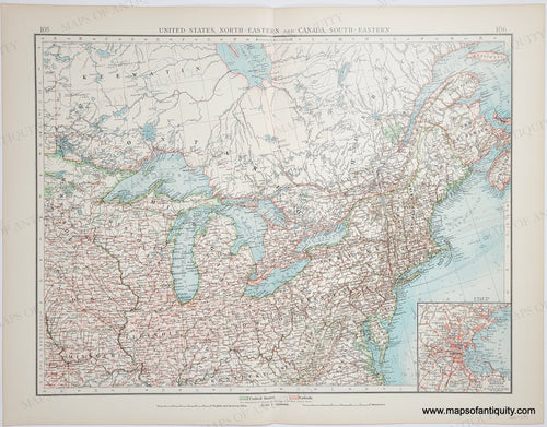 Genuine-Antique-Map-United-States-North-Eastern-and-Canada-South-Eastern-1900-The-Times-Maps-Of-Antiquity