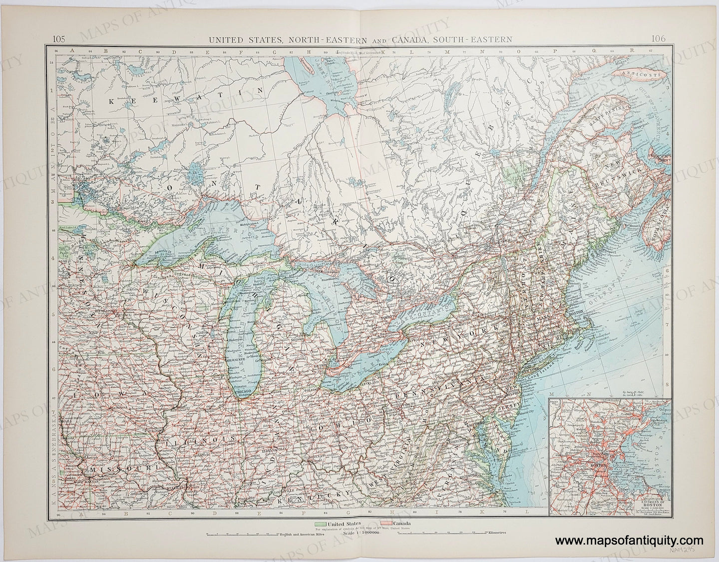 Genuine-Antique-Map-United-States-North-Eastern-and-Canada-South-Eastern-1900-The-Times-Maps-Of-Antiquity