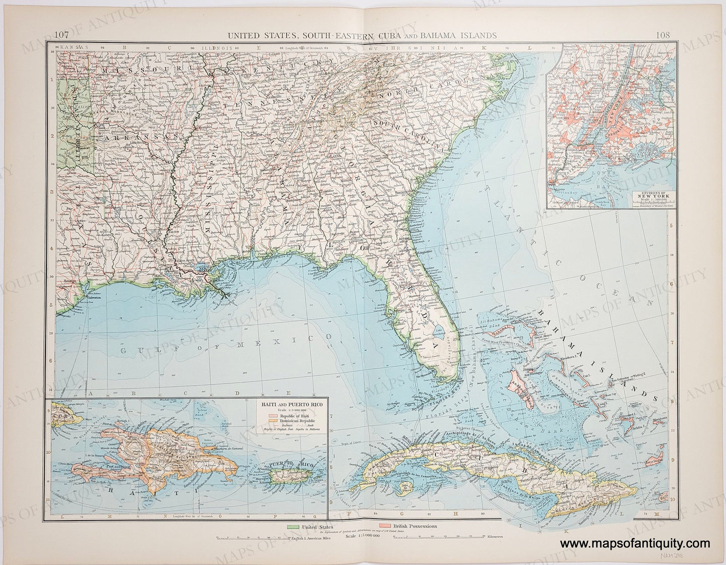 Genuine-Antique-Map-United-States-South-Eastern-Cuba-and-Bahama-Islands-1900-The-Times-Maps-Of-Antiquity