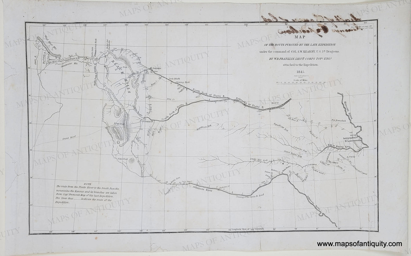 1845 - Central US - Map of the Route Pursued by the Late Expedition under the command of Col. S.W. Kearny, U.S. 1st Dragoons. - Genuine Antique Map