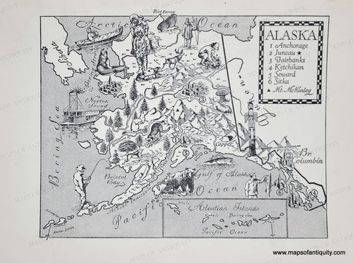 Genuine-Vintage-Map-Alaska-1954-J-B-Lippincott-Company-Maps-Of-Antiquity