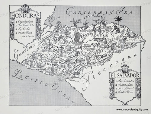 Genuine-Vintage-Map-Honduras-El-Salvador-1942-J-B-Lippincott-Company-Maps-Of-Antiquity