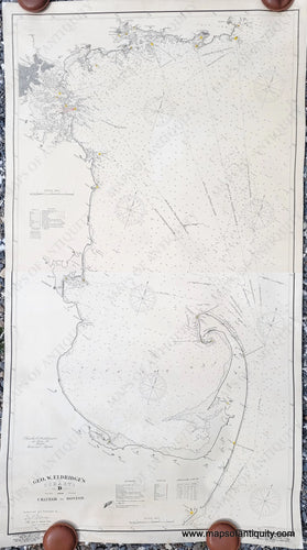Antique nautical sailing chart showing Cape Cod to Gloucester, Massachusetts, with Plymouth, Boston, and Salem harbors, published by George W Eldridge in 1902. Stunning black-and-white graphic design with north oriented to the upper right. The lighthouses are indicated with small red dots and yellow beams. 