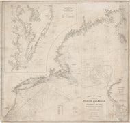 A mostly black and white antique sailing chart with some original hand-coloring on the locations of lighthouses and light ships, lightly tanned background from age.