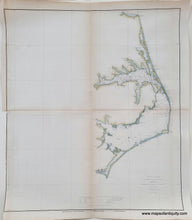 Load image into Gallery viewer, Light blue in the water along the coast and light green along the coast for the land. Antique-Hand-Colored-Coastal-Chart-Outer-Banks-North-Carolina-Pamlico-and-Albemarle-Sound-NC-Sketch-D-Section-IV-Triangulation-Chart---United-States-South-1851-U.S.-Coast-Survey-Maps-Of-Antiquity
