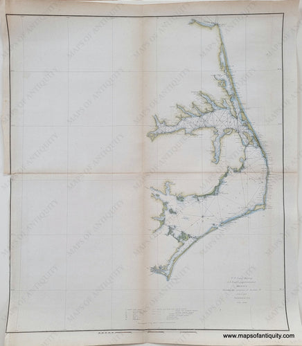 Light blue in the water along the coast and light green along the coast for the land. Antique-Hand-Colored-Coastal-Chart-Outer-Banks-North-Carolina-Pamlico-and-Albemarle-Sound-NC-Sketch-D-Section-IV-Triangulation-Chart---United-States-South-1851-U.S.-Coast-Survey-Maps-Of-Antiquity