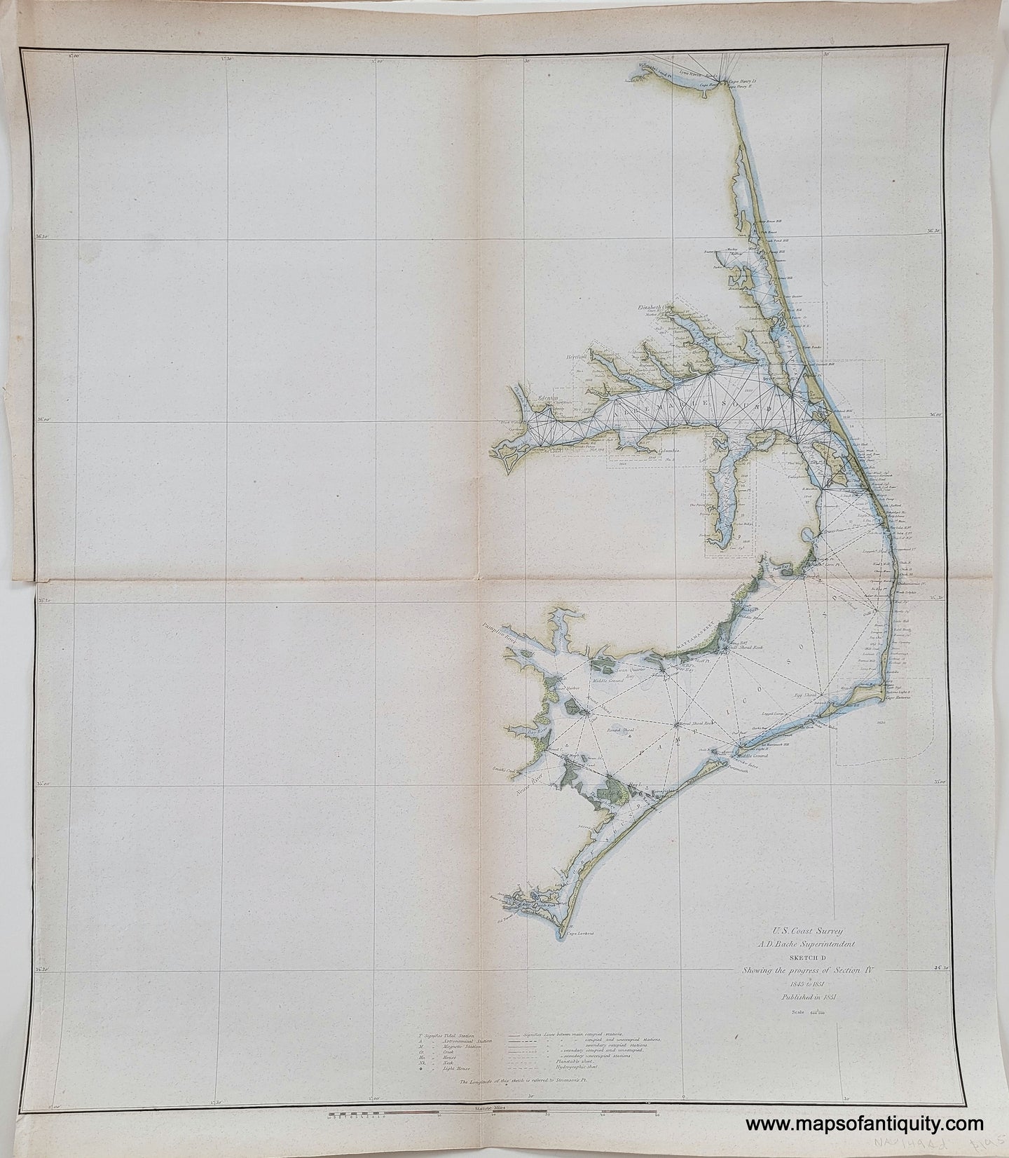 Light blue in the water along the coast and light green along the coast for the land. Antique-Hand-Colored-Coastal-Chart-Outer-Banks-North-Carolina-Pamlico-and-Albemarle-Sound-NC-Sketch-D-Section-IV-Triangulation-Chart---United-States-South-1851-U.S.-Coast-Survey-Maps-Of-Antiquity