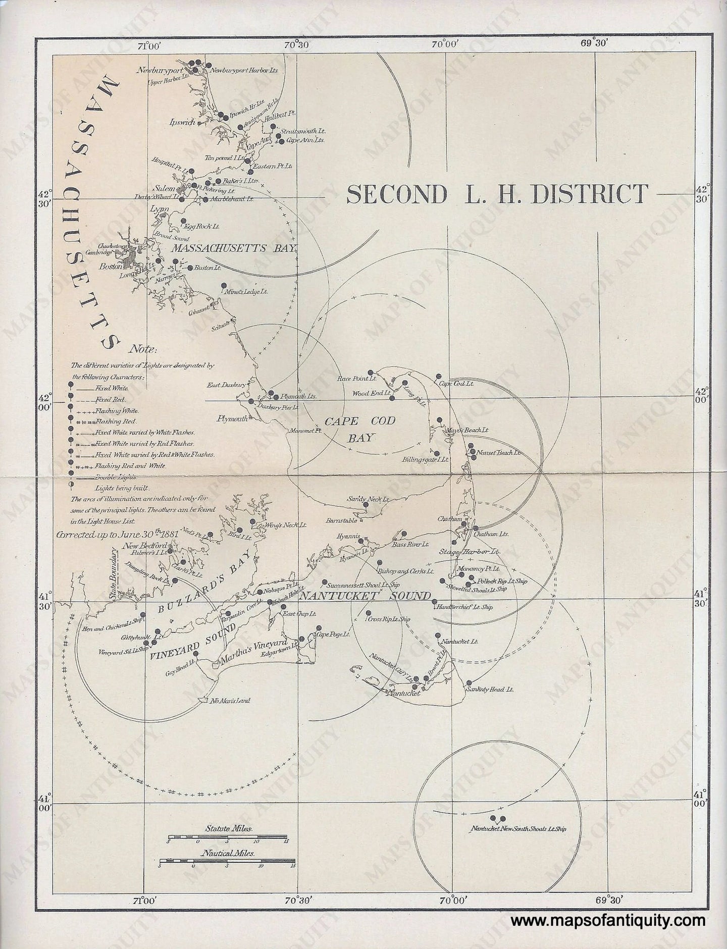 NAU188-Antique-Map-Massachusetts-New-England-Lighthouses-Antique-Map-Cape-Cod-Boston-Nantucket-Marthas-Vineyard-Cape-Ann-Buzzards-Bay-Light-House-chart-1881-1880s-19th-century