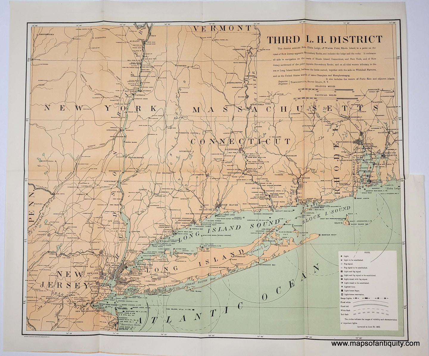 Antique chart centered on Long Island showing lighthouses, light ships, etc along the coast from northern New Jersey to Rhode Island and up the Hudson River. Original printed color- land is an antique orange tan and water is a subtle blue-green.