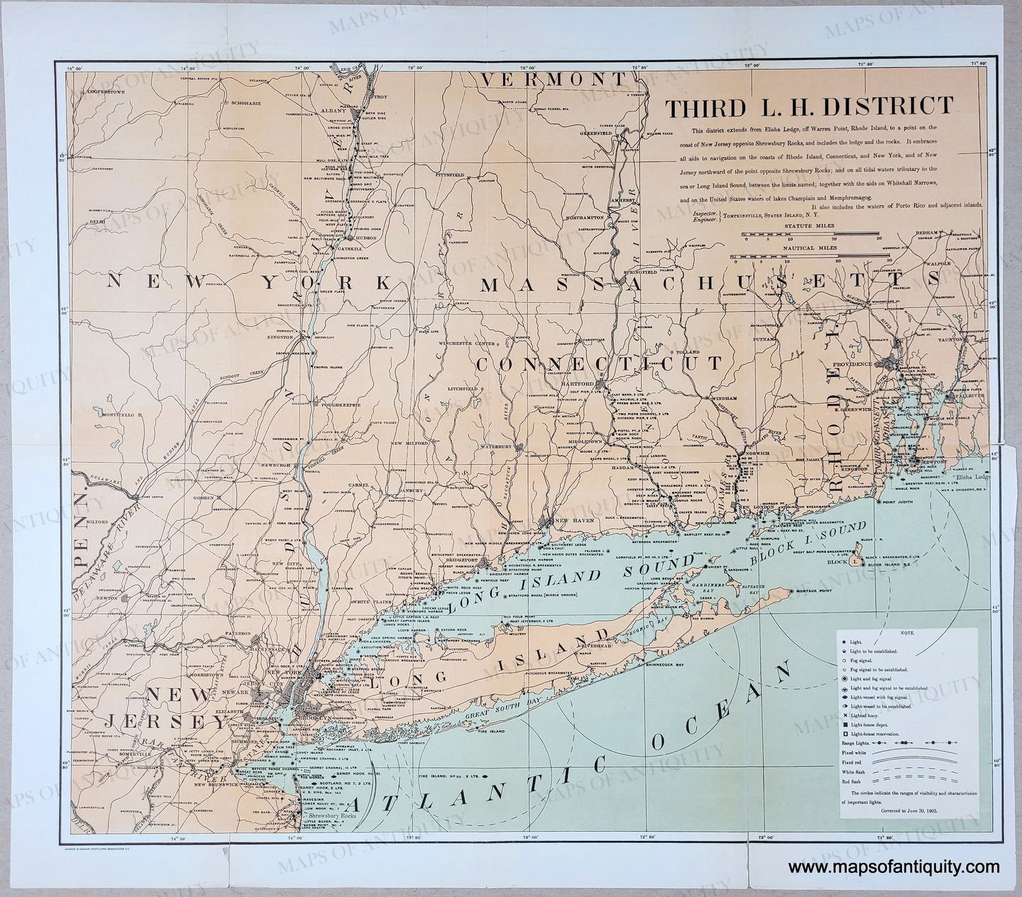 Antique chart centered on Long Island showing lighthouses, light ships, etc along the coast from northern New Jersey to Rhode Island and up the Hudson River. Original printed color- land is an antique orange tan and water is a subtle blue-green.