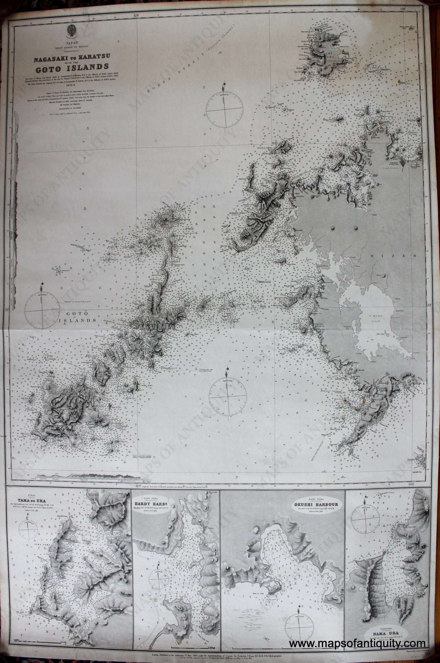 Black-and-White-Antique-Chart-Japan---Nagasaki-to-Karatsu-with-the-Goto-Islands-Asia-Japan-1883-British-Admiralty-Maps-Of-Antiquity